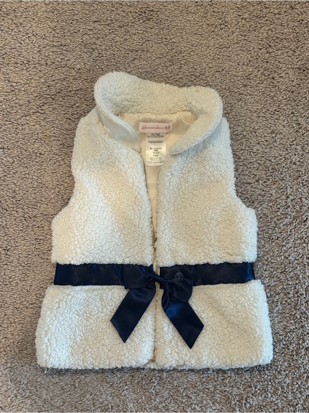 Girls' Cream Sherpa Vest with Navy Ribbon